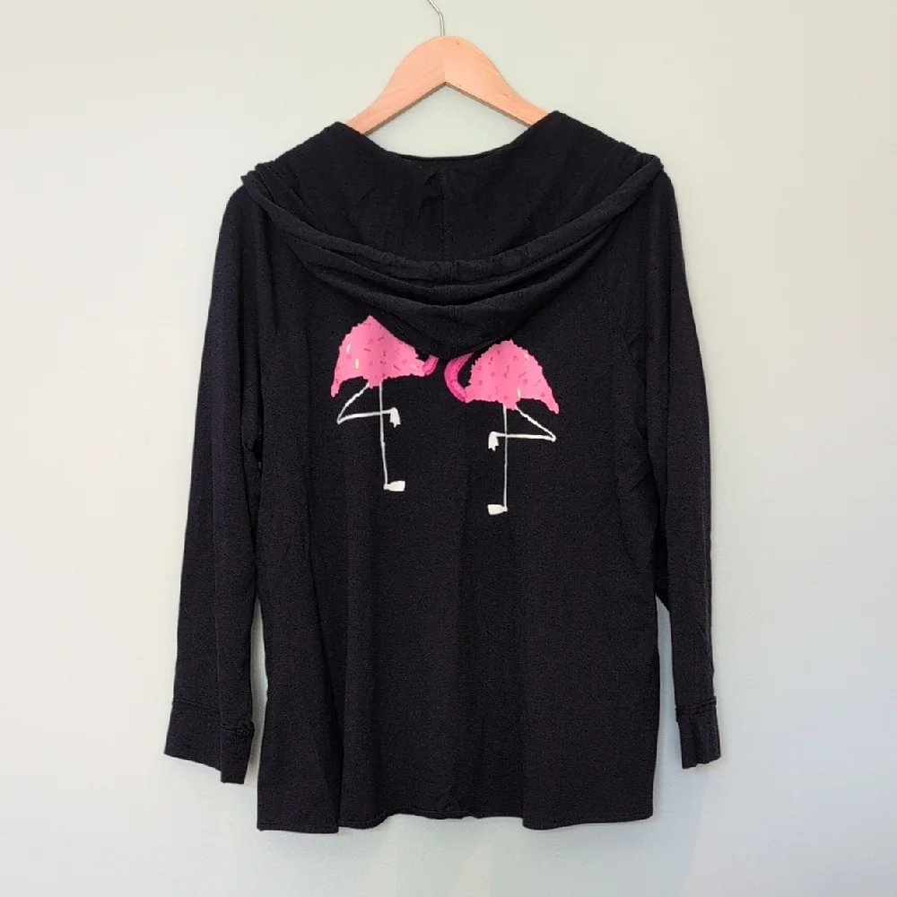 Black Casual Hoodie with Flamingos